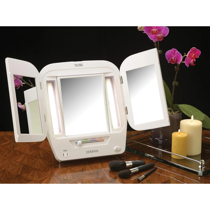 JERDON Modern Tri-Fold Makeup Mirror with Lights - Vanity Mirror