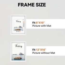 White Picture Frames for Family Photos, Posters, Wall Photo Frames for Pictures, White Frames for Wall Display, Picture Frames for Bedroom, Without Mat: 12x16, With Mat: 8x10, White, 3-Pack