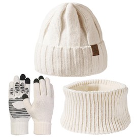 Favoreal Womens Mens Warm Knit Beanie Hat Neck Scarf Touchscreen Gloves Set Winter Hat Fleece lined Skull Caps (White, One Size)