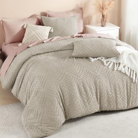 Litanika Oatmeal Super King Size Comforter Set, 3 Pieces Tufted Boho Farmhouse Bedding Comforter Sets, Lightweight Fluffy Comforter Bed Set for All Season (120x120In Comforter and 2 Pillowcases)