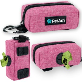 PetAmi Dog Poop Bag Holder for Leash Attachment, Doggie Zipper Pouch Soft Fabric Poop Bag Carrier, Dog Pet Waste Bag Dispenser with Carabiner Clip, 1 Roll of Dog Trash Bag (Pink, 1 Pack)