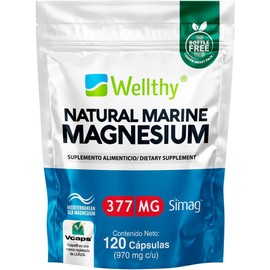 Wellthy Magnesio Marino Frances 120 Cápsulas con Sello SIMAG de autenticidad. 120 Porciones, 377mg, VCaps Cápsulas Veganas, Bottle Free. La Más Alta Biodisponibilidad y Absroción