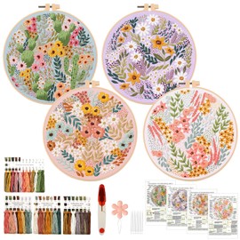 ASTNIC 4 Sets Embroidery Kits for Beginners Adults, Flower Stamped Pre Printed Cross Stitch Kits, Women's Hobbies Embroidery Material Practice Set with Hoop,Instructions DIY Arts Crafts