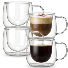 4 Pack Double Walled Glass Coffee Mugs with Handle, 10oz Double-layer Insulated Clear Glass Coffee Cups for Latte Cappuccino Espresso Tea Hot Drinks