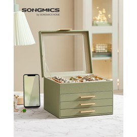 SONGMICS Jewelry Box with Glass Lid, 4-Layer Jewelry Organizer, 3 Drawers, for Big and Small Jewelry, Jewelry Storage, Modern Style, 8 x 9.1 x 6.5 Inches, Avocado Green and Gold Color UJBC173C02