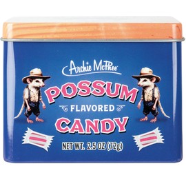 Archie McPhee Possum Flavored Hard Candy - 2.5 oz Tin, Individually Wrapped Pink and White Striped Candies, Tastes Like Possum, Novelty Gag Gift