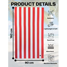 Prime Plus Essentials Quick Dry Microfibre Towel – Quick Dry, Sand-Free, Incudes Bag, Lightweight & Compact | 160cm x 90cm | Striped | Ideal for Swimming, Beach, Gym, Travel, Yoga – Red and White