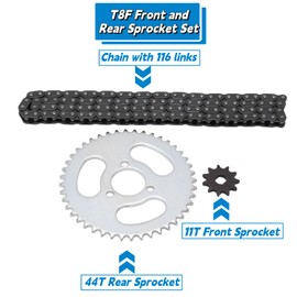SPYMINNPOO T8F Sprocket Set, T8F Front and Rear Sprocket Replacement High Performance T8F Transmission Chain Set Replacement Accessories for Modified Mini Motorcycles Karts, ATVs