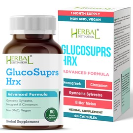 Herbal Destination GlucoSuprs Hrx - Gymnema, Bitter Melon, Salacia, Fenugreek, Cinnamon and Jambolan - 60 Capsules