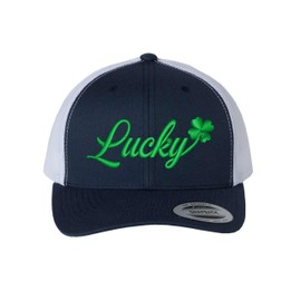 Adjustable Navy/White Structured Trucker Lucky with Shamrock St. Patricks Day 4 Leaf Clover Structured Trucker Cap