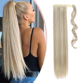 Wrap Around Ponytail Extension Wrap Pony Tail Hair Extension One Piece Long Straight Clip In On Ponytail Hairpiece Wavy Synthetic Magic Paste Soft Silky (23"Straight,Sandy Blonde Mix Bleach Blonde)