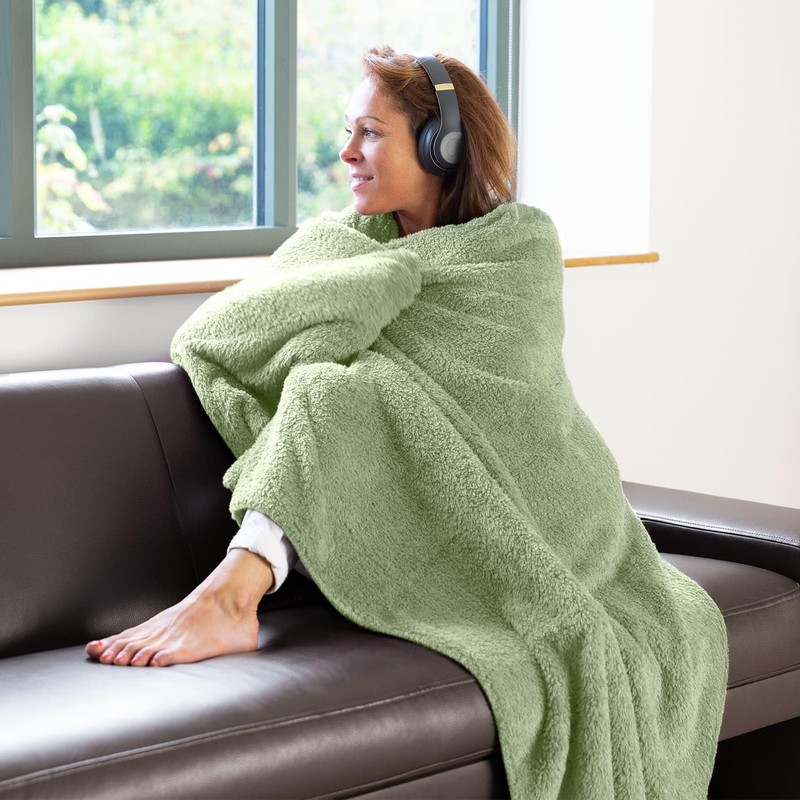 Snug Rug Sage Green Sherpa Fleece Fluffy Luxury Sofa Blanket