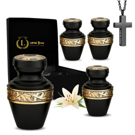 Mini Urns for Human Ashes Set of 4 with Cross Necklace, Velvet Case & Funnel | Hand-Engraved Keepsake Urn & Small Urn for Ashes for Women & Men | Premium Miniature Urns for Loved Ones Ashes, 3 Inches