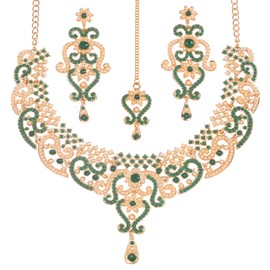 Touchstone Indian Bollywood Princess Diana Studded Diamond Look Faux Emerald Pearls Wedding Grand Designer Jewelry Choker Necklace With Mangtika In Gold Tone For Women.