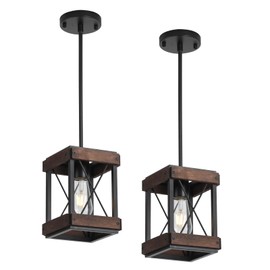 1 Light Farmhouse Pendant Light with Wood and Metal Cage,39 Inch Height Adjustable Kitchen Island Light for Dining Room Kitchen Bar Sink Hallway.