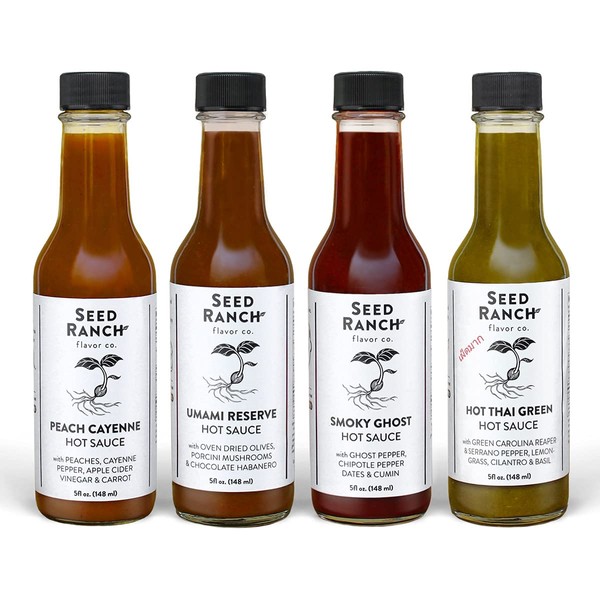 Seed Ranch - Variety 4 Pack: Peach Cayenne, Umami Reserve, Smoky Ghost, HOT Thai Green (Medium To Hot) - Organic Gourmet Hot Sauces - Plant Based, Paleo Friendly, Gluten Free, Low Carb