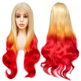 Ms Fenda Hair Ombre Color 13x4 Lace Front Synthetic Wavy Wig Heat Resistant Wig(24",T613/Yellow/Red)