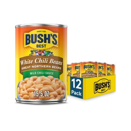 BUSH'S BEST 15.5 oz Canned White Chili Bean/Northern/Mild, Source of Plant Based Protein and Fiber, Low Fat, Gluten Free, (Pack of 12)