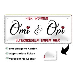schilderkreis24 Tin Sign Funny Saying "Hier wohnen Omi & Opi Elternregeln." Pension Gift Idea Birthday Christmas for Grandparents Pensioners Seniors Grandma Grandpa Grandchildren 28 x 12 cm