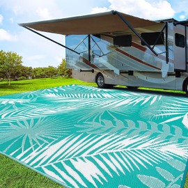 Outdoor Rug 10'x14' Waterproof for Patios Clearance, Reversible Outdoor Plastic Straw Rug Camping Carpet, Outside Floor Mats Large Area Rugs for RV,Patio,Deck,Porch, Beach, Balcony,Teal&White