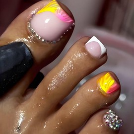 24 Pcs White French Tip Press on Nails Short Square Orange Yellow Line Fake Toe Nails Press ons Nail Tips Acrylic Art Kit Full Cover False Nails with Rhinestone Designs Glue on Nails for Women