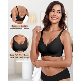 HORISUN Wireless Seamless Bras for Women No Underwire Wavy V Neck Soft Support Full Coverage Comfortable Bra (Black,L)