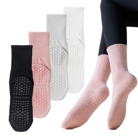 Yoga Pilates Non Slip Socks with Grips for Women (4 Pairs) Non Skid Gripper Crew Socks for Yoga Hospital Pilates Barre Home