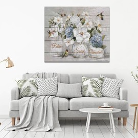 Farmhouse Flower Bathroom Decor Wall Art Rustic Hummingbird White Floral Pictures Wall Decor Relax Soak Unwind Bathroom Sign Canvas Painting Prints Artwork Home Decorations Framed for Bedroom 24"x20"
