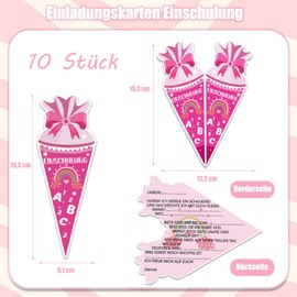 Gleemix Einladung Einschulung Mädchen, 10 Stück Einladungskarten Einschulung Mädchen, Rosa Einladungskarten Schulanfang mit Namen, Einladung Schulanfang für Grundschüler, Kinder