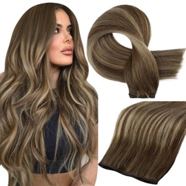 Full Shine Genius Weft Hair Extensions Real Human Hair Hand Tied Hair Extensions Remy Hair Color Medium Brown To Honey Blonde Highlight Medium Brown Human Hair Weft Sew In Hair Extensions 60G 20 Inch