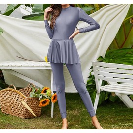 FYMNSI Womens Muslim Swimsuits Reversible Modest Swimwear Full Coverage Rash Guard One Piece Burkini Islamic Bathing Suits, Gray, Small