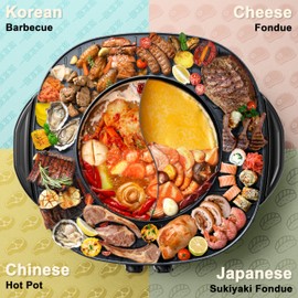 Stariver Hot Pot Electric with Grill 2 in 1, Indoor Korean BBQ & Shabu Shabu, Features Easy-clean Non-stick Coating, Dual Controls, 1800W Fast Heating, Perfect for Family Gatherings or Friends Parties