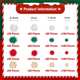 Lusy DM 1200 Pieces Christmas Pom Pom Glitter Pom Pom Balls Christmas Tinsel pom pom for Craft Making and Hobby Supplies (4 Sizes, Gold, White, Red, Green)