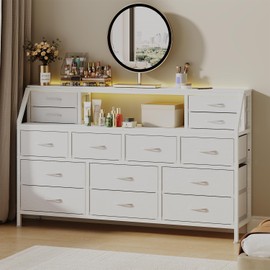 DrawXynth White Dresser for Bedroom, 55" TV Stand with 14 Drawers, Long Dresser & Chests of Drawers with Shelves & Sturdy Metal Frame & Wood Top