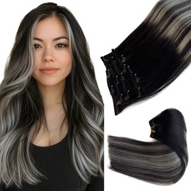 Clip in Hair Extensions Real Human Hair, Ombre Black Balayage Silver Highlights Hair Extension Real Human Hair Clip ins 7pcs 18 Inch Double Weft Hair Extensions Human Hair Clip in Extensions 70G