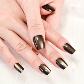 30pcs Glossy Black Press On Nails with Shimmery Golden Coffin Medium Nails Women Girls Gifts Salon Manicure Cat Eye Gel Nail Art Tips Fake Nails Reusable Acrylic False Nails Glue On Nails
