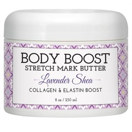 Body Boost - Mantequilla elástica de lavanda y vainilla (8 onzas), tratamiento de estrías y cicatrices, seguro para embarazo y lactancia, con manteca de karité