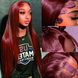 DGGDGG Reddish Brown Lace Front Wigs Human Hair Pre Plucked 180 Density Straight Lace Front Wig Human Hair 13x4 HD Lace Frontal Human Hair Wig for Women(26inch)