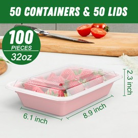 50 Pack (100-Piece) 32 oz Meal Prep Containers Reusable with Easy Open Lids, Sturdy Leakproof Food Safe, Microwave Freezer Dishwasher Safe, To Go Take Out Plastic Food Storage Pans with Lids, Pink