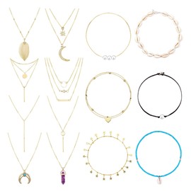 Dochais 14 Pieces Punk Chain Gothic Choker Bracelet Set, Layered Pendant Necklace Layered Long Chain Coin Cross Pearl Thick Chain Bracelets Rock Choker for Club Party, Zinc, Pearl