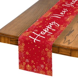 Artoid Mode Rot Feuerwerkskörper Happy New Year Neujahr 2025 Tischläufer, Winter Küche Tisch Dekoration Drinnen Urlaub Party Dekor 40x140 cm