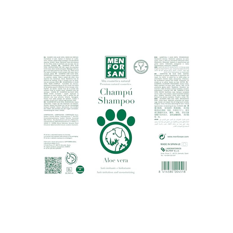 Menforsan Shampoing pour animaux de compagnie Menforsan Chien Aloe Vera