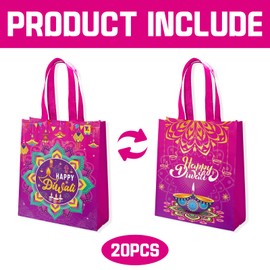 VDESFUEBY 20Pcs Diwali Gift Bags Happy Diwali Non-woven Gift Bags, Diwali Theme Party Gift Bag with Handle Treat Bags for Indian Light Festival Party Decorations Favors