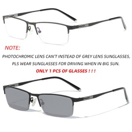 laureles Photochromic Reading Glasses for Men Business Square Metal Half Frame Sun Photochromic Lens Readers (Black, 1, multiplier_x)