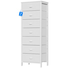 Furnulem White Tall Dresser for Bedroom with 7 Drawers, Vertical Chest of Drawer in Closet, Nightstand Storage Tower Unit Organizer with Fabric Bins for Dorm,Living Room,Entryway,Hallyway