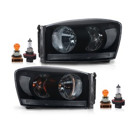 G-PLUS Front Headlights Lamp w/Bulbs Pair, Fit For Dodge Ram 1500 2500 3500 Truck 2006 2007 2008 2009,CH2518114 CH2519114 Smoke Lens Black Housing Clear Reflector