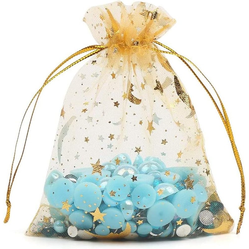 KIMOBER 100pcs Organza Gift Bags,Golden Star and Moon Gift Wrap