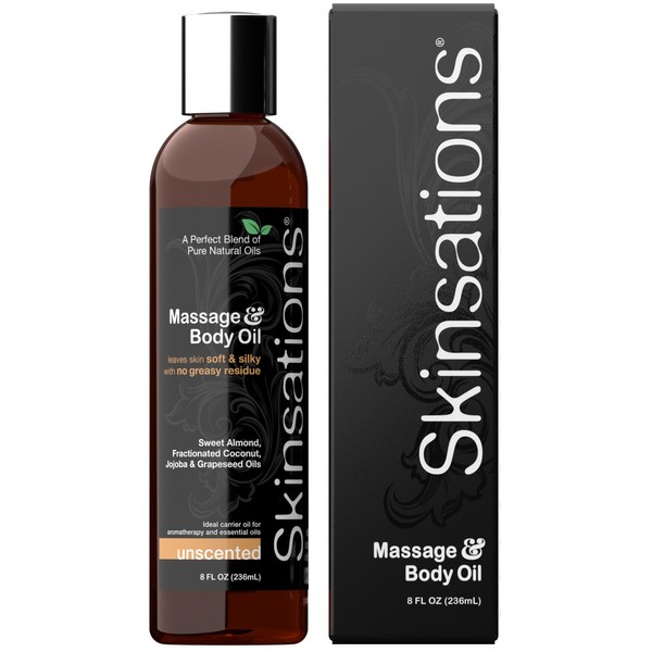 Skinsations - Natural Massage & Body Oil - Unscented 8oz | Relaxing, Sore Muscle Aromatherapy, Edible Sweet Almond Blend with Fractionated Coconut, Grapeseed & Jojoba Oils, Soothes Dry, Sensitive Skin