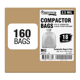 Ultrasac 18 Gallon Compactor Bags (160 Pack with Ties) For 18 Inch Compactors - 28.25" x 33.5" Heavy Duty 2.5 MIL Garbage Disposal Bags Compatible with Whirlpool