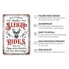 Old Fashioned Reindeer Sleigh Rides Christmas Metal Tin Sign Christmas Decor Wall Art for Home Cafe Kitchen Farmhouse Winter Retro Wall Decor Plaque 8x12 Inch